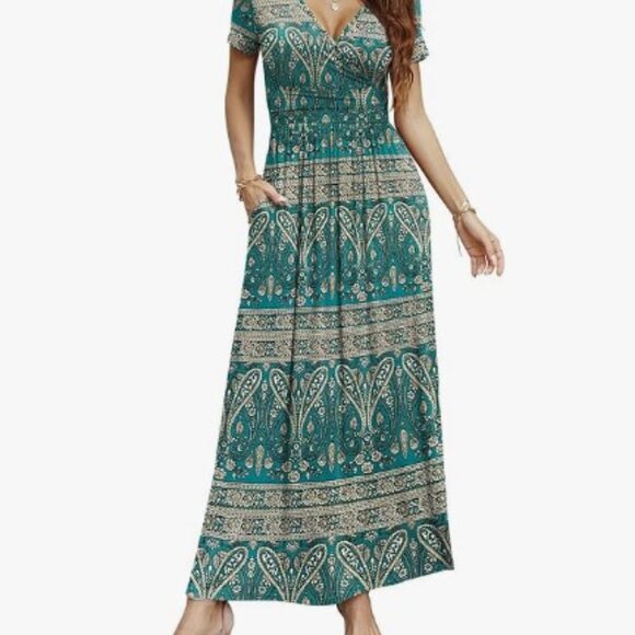 Women's Short Sleeve V-Neck Maxi Dress, Pleated Waist, Pockets - Picture 3 of 3